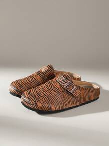 Solecia Zapatos planos tipo mula de diseño casual con estampado de cebra y hebilla ajustable para mujer - Marrón - Ver 2