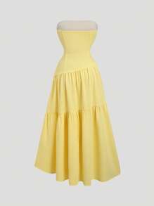 Sweetra 女式新款黄色纯色褶皱露肩简约时尚休闲度假海滩约会秋千 A 字裙，春夏 - 黃色 - 查看 2