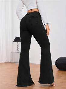 SHEIN Tall 女式休闲水洗修身喇叭牛仔裤 - 黑色 - 查看 2