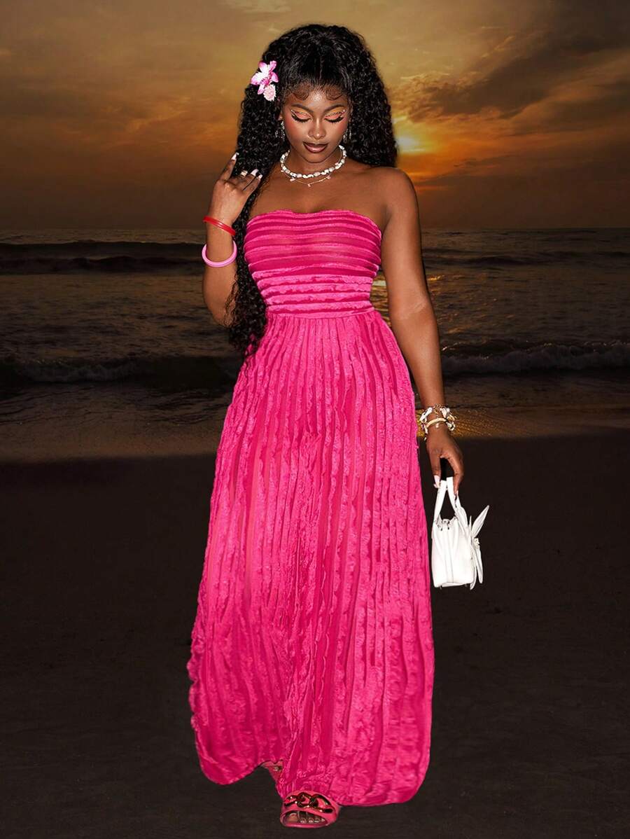 Slaydiva Elegant Beach Vacation Textured Bandeau Waisted Wide-Leg Jumpsuit, Magenta