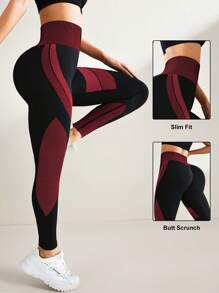 Seamluxe SHEIN Sport 高腰无缝撞色拼接运动紧身裤瑜伽女裤 - 紅色 - 查看 6