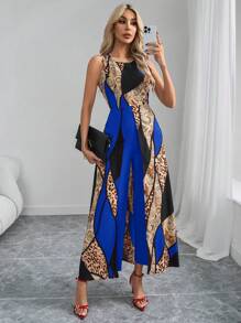 SHEIN Clasi Women's Elegant Red Geometric Print Round Neck Jumpsuit With Wide Leg Pants, Sleeveless - Blue - View 1