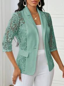 SHEIN Lady Four Season White Suit Women Blazers Women Coat Lace Splicing Elegant Suit