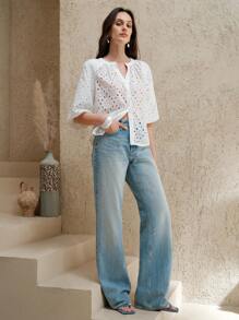 Chiquease 女式休闲简约度假海滩风V领镂空衬衫 - 白色 - 查看 7