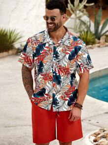 ResortEase Set de 2 piezas de camisa de manga corta y pantalones cortos estampado de hojas para hombres de talla grande de verano