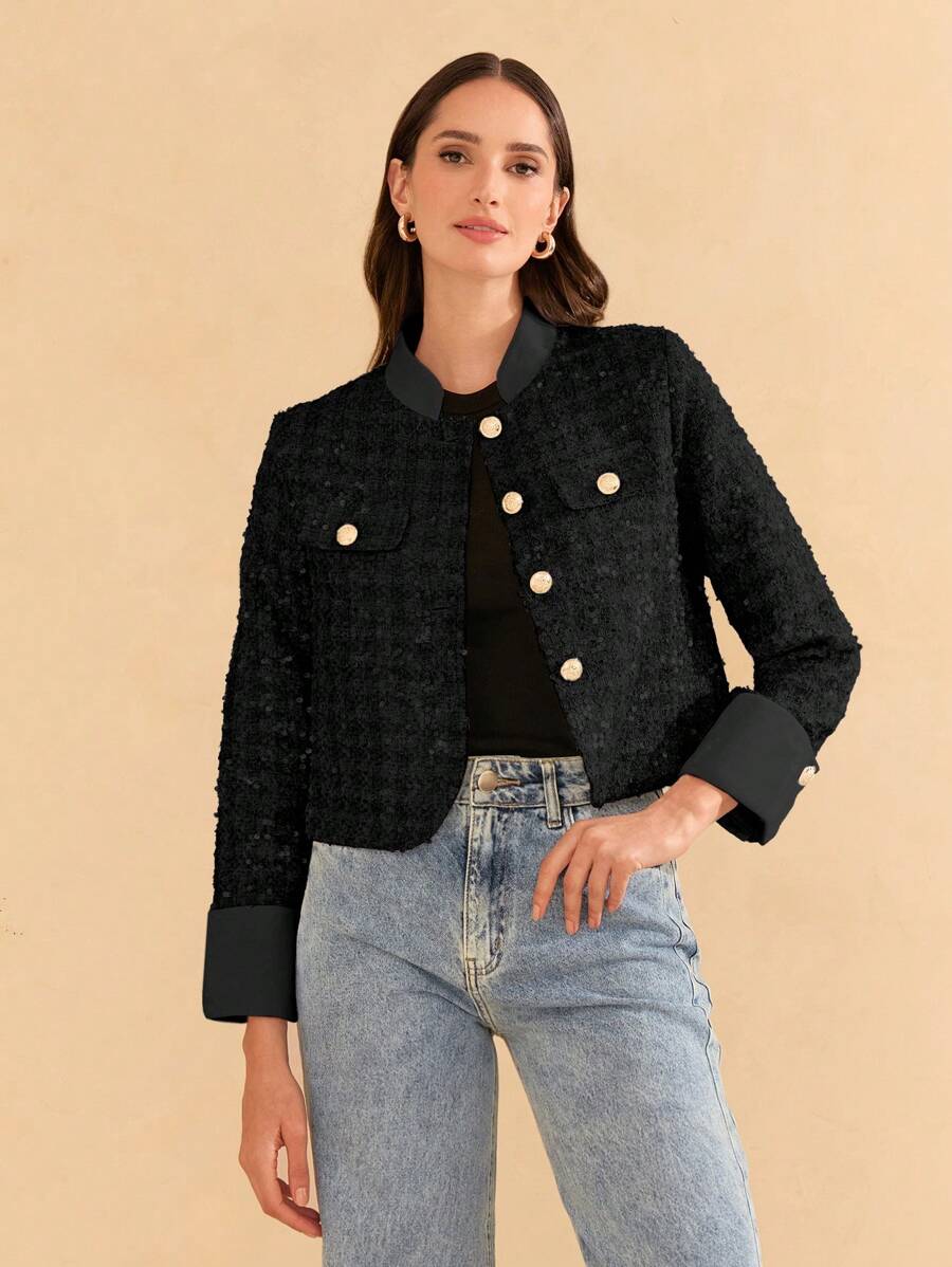 SHE(IN) BRASIL Áo khoác chi tiết vạt trước có nút - màu đen - Xem 1