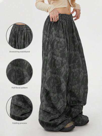 INAWLY 女式宽松褶皱灯芯绒印花裤