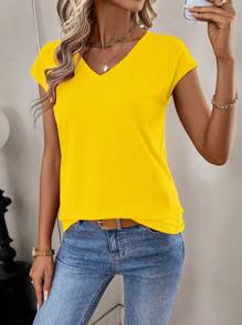 SHEIN LUNE Simple Solid Color V-Neck T-Shirt, Casual And Versatile, Summer - Yellow - View 6