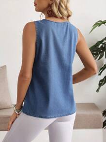 EMERY ROSE 女士休闲无袖圆领牛仔上衣，夏季百搭 - 藍色 - 查看 2