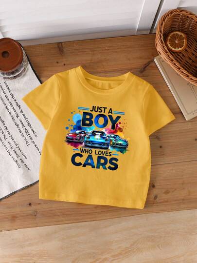 小男孩“只是一个爱车的男孩”彩色3D汽车印花短袖圆领T恤