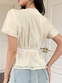 DAZY Women's Faux Pearl Beaded V-Neck Puff Sleeve Blouse,Ruffle Vacation - Apricot - View 2