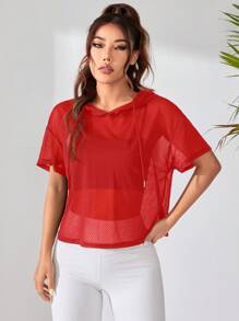 SHEIN Dewbera Áo nỉ lưới trùm đầu tay ngắn màu trơn cho nữ, thời trang cho mùa hè - Đỏ - Xem 4