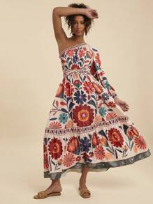 Travachic Blume Muster Kleid mit asymmetrischem Ausschnitt und freien Schultern, Langarm für Damen, Sommer Outfits für Damen, Strandoutfits für Damen, Westernmode für Damen, Konzertoutfits für Damen, Boho, Tropischer Urlaub, Boho Kleider für Damen, Tropische Kleider für Damen, Damenkleider, Neuheiten Urlaubskleider für Damen, Urlaubs-Outfits für Damen - Verschiedenfarbig - Übersicht 2