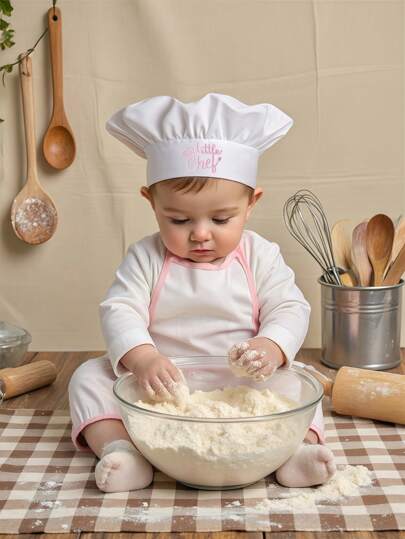 SHEIN Conjunto de gorra de chef y delantal blanco para bebé recién nacido, accesorios para sesión fotográfica de bebé de 1 mes y 100 días