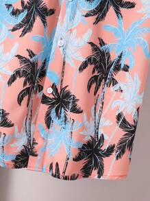 SHEIN Leap Crew 青少年男孩休闲假日椰子树印花翻领短袖梭织衬衫 - 粉色 - 查看 3