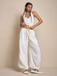 Easelle Women's Casual Vacation White Linen V-Neck Side Ruffle Loose Harem Pants Set - White - View 2