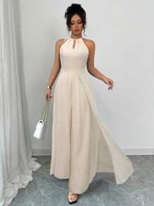 Elenzga 优雅通勤绿色V领系腰无袖雪纺拼接透视下摆连体裤，女款 - 杏色 - 查看 3