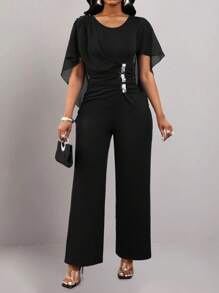 SHEIN Unity Women's Crew Neck Casual Comfort Patchwork Jumpsuit - Black - View 3