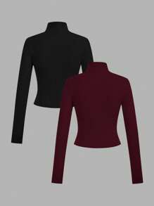 SHEIN EZwear 2 件套酒红色和黑色罗纹拉链长袖针织 T 恤女士 - 彩色 - 查看 2