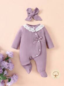 SHEIN 嬰兒女寶寶淺粉色簡約長袖踩腳連體衣，家居服 - 紫色 - 查看 1