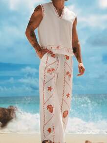 HIMLAND Men's Casual Woven Coconut Tree & Shell Print Vest & Pants 2 Pieces Set