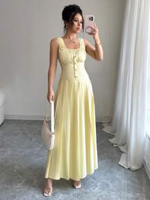 Selianne 2pcs/Set Top With Ruffle Collar Design & Pleated Skirt - Yellow - View 7