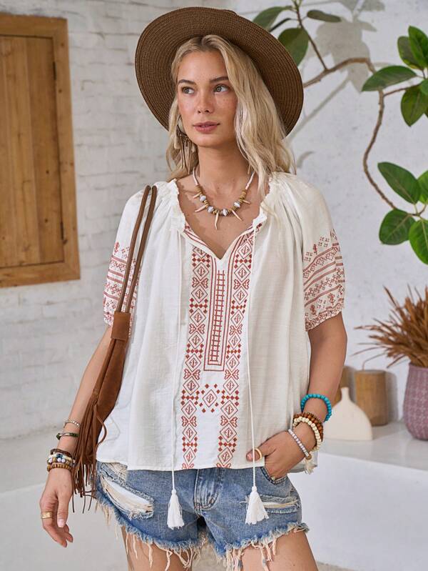LanaWest Women's French Style Elegant Casual Commute Western Boho Tropical Fashion Round Neck Tasseled Tie Front 3/4 Lantern Sleeve Loose Embroidered Blouse, Spring/Summer