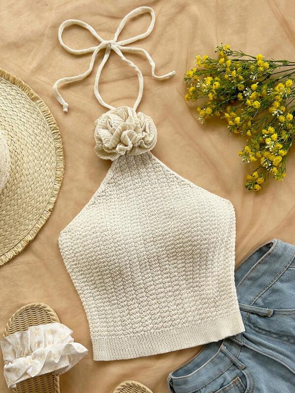 Soleia Top din tricot cu Halter 3D, realizat manual, potrivit pentru vacanță, întâlnire, ceai de după-amiază, vacanță, festival de muzică, boho, plajă, vară