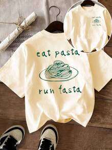 SHEIN MOOSTA Women's Summer Casual Pasta Pattern Round Neck Short Sleeve T-Shirt - Apricot - View 1