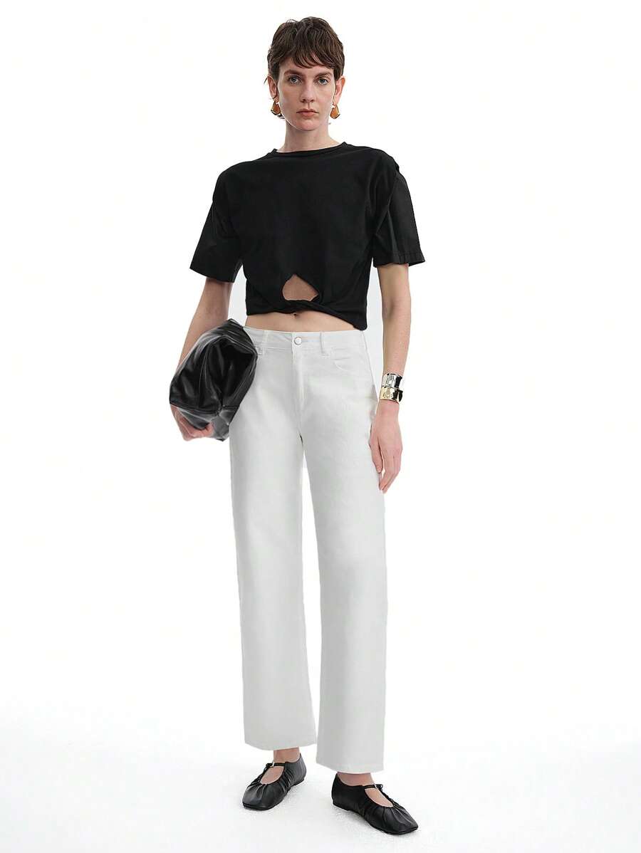 SHEIN Clasi 女式休闲纯色斜口袋直筒牛仔裤 - 白色 - 查看 1