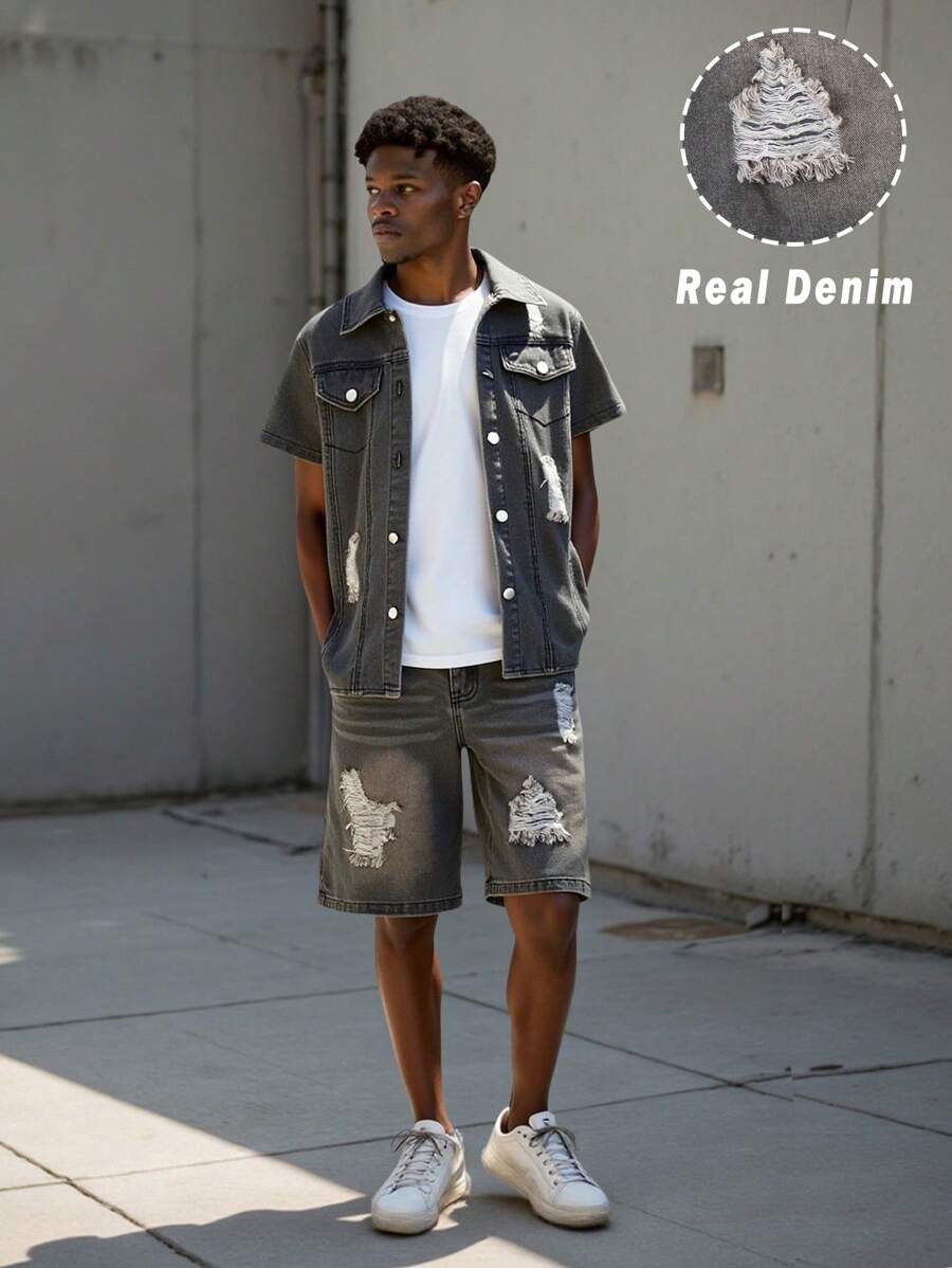 SHEIN Set de 2 piezas de camisa de manga corta de denim y pantalones cortos para niños preadolescentes