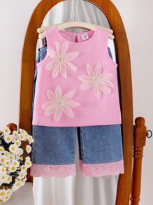Elladie kids Conjunto de 2 piezas para niñas jóvenes con top sin mangas floral rosa y pantalones de mezclilla con adorno de encaje, conjunto de ropa casual de verano para niña joven - Rosa - Ver 8