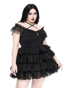 ROMWE Goth 大码女式夏季服装，优雅万圣节哥特式梦幻分层网眼荷叶边 V 领系腰连衣裙 - 黑色 - 查看 5