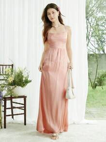 SHEIN LUNE Women's Solid Color Backless Ruched Elegant Maxi Slip Dress Women's Formal Dress - Pink - View 4