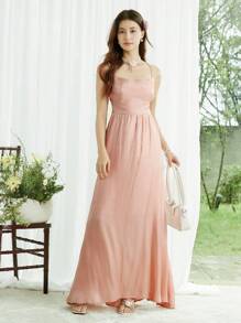 SHEIN LUNE Women's Solid Color Backless Ruched Elegant Maxi Slip Dress Women's Formal Dress - Pink - View 3