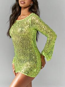 MISSGUIDED Abito mini aderente con maniche lunghe e paillettes, con taglio sulla schiena, per eventi serali, feste, discoteca, luccicante, scintillante, adatto a Capodanno e per balli