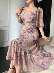 DAZY Vestido de gasa con estampado floral en todo el diseño, cuello cuadrado, volantes en el bajo y longitud hasta la pantorrilla para vacaciones de mujer - Morado - Ver 1