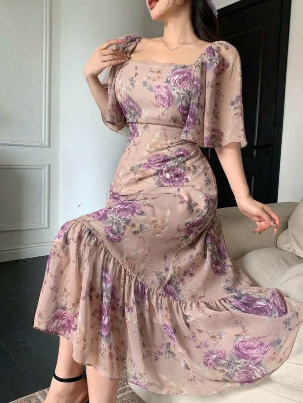 Joudiya Chiffon Allover Floral Square Collar Ruffle Hem Mid-Calf Length Dress For Women