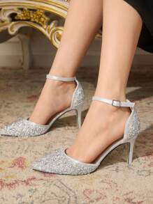 CUCCOO TILAWA Silver Rhinestone Embellished Pointed Toe High Heel Wedding Party Evening Pumps For Christmas - Silver - View 10