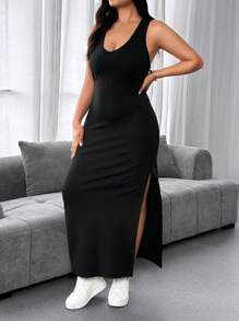 SHEIN MOOSTA فستان أنثوي طويل ضيق بقطع مفتوحة في الظهر وشرائط متقاطعة، شق عالي الانشقاق من الصيف، لون متماسك - الأسود - مشاهدة 4