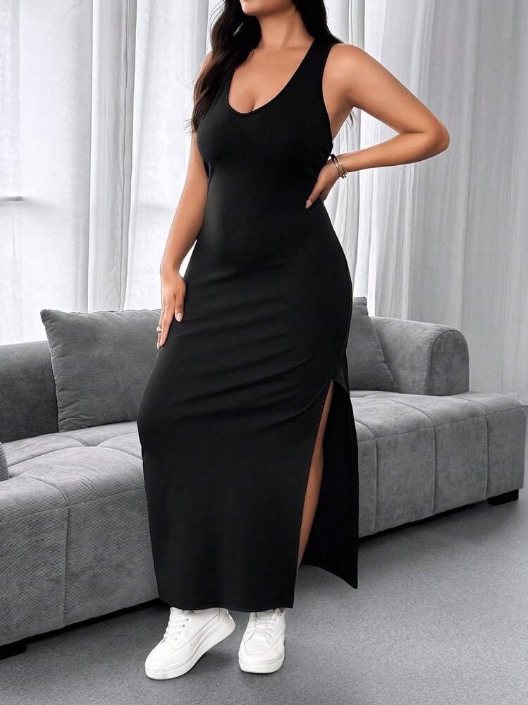 SHEIN MOOSTA Vestido ajustado largo con abertura alta, tirantes cruzados y espalda descubierta de unicolor para mujer, verano - Negro - Añade 4