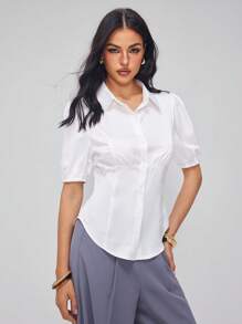 Roylia 女式纯色短款泡泡袖单排扣休闲衬衫 - 白色 - 查看 3