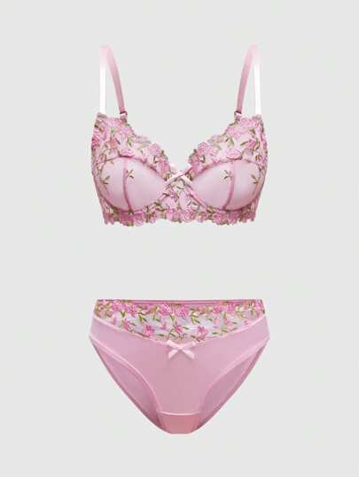 Sweetness Spring Romantic Vacation Delicate Embroidered Floral Handmade With Steel Rings Sexy Lingerie Set