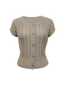 SHEIN New Vintage Front Button Openwork Knitted Sweater - Khaki - View 3