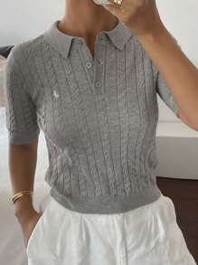 DAZY Women's Casual Polo Collar Short Sleeve Twist Button Knit Cardigan - Grey - View 1