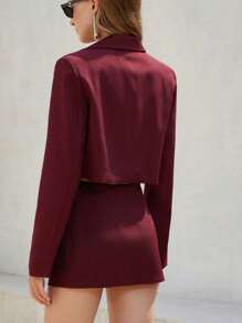 Femmeiva Burgundy Contrast Rose Decor Cropped Padded Shoulder Long Sleeve Jacket & Low-Waist Mini Skirt Set,Elegant Summer Date Office Suit For Women - Red Violet - View 2