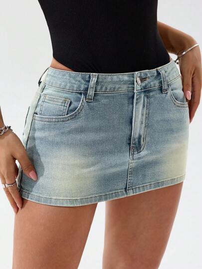 SHEIN PETITE Women's Pocket Design Slim-Fit Casual Denim Mini Skirt Y2k