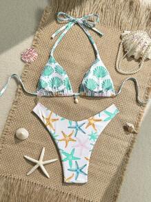 Swim Mod 2 件套夏季假日随机印花罗纹纹理面料贝壳装饰三角上衣和高腰三角裤性感比基尼泳装 - 彩色 - 查看 2