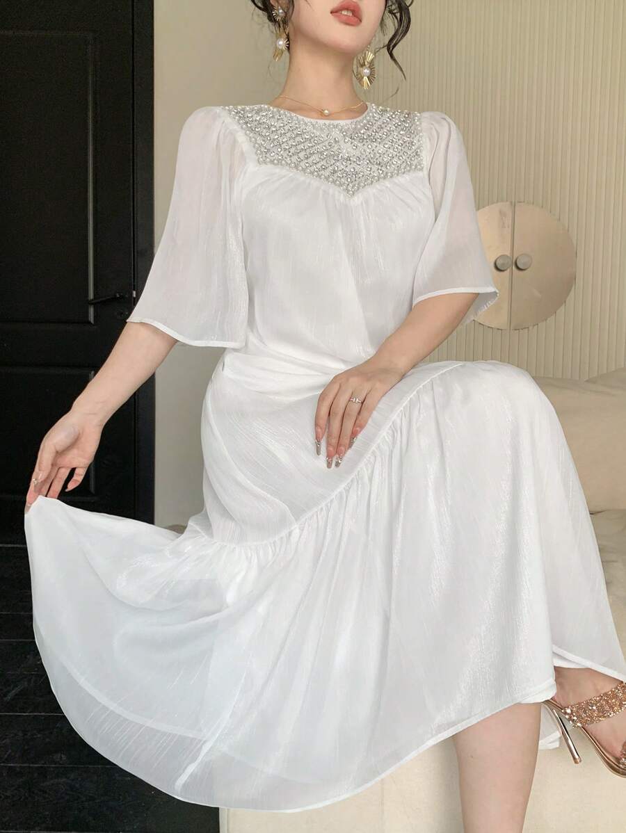 DAZY Elegant Beaded Ruffle Lotus Sleeve Round Neck Women Mid-Length Dress, Summer,Back To School Clothes