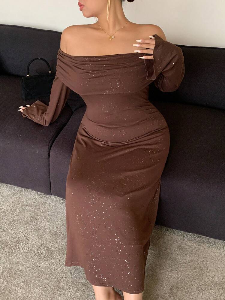 Dazy Plus Solid Color Off-Shoulder Wrap Elastic Elegant Mesh Panel Long Sleeve Dress,Fall Dress Prom Dress Maxi Dress
